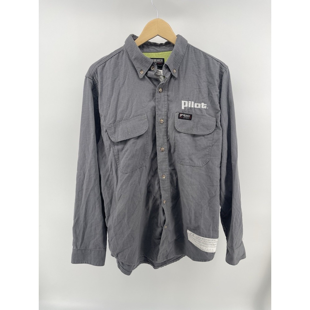 MCR Safety FR CAT2 Men L Work Shirt Pilot Logo Gray Button Down